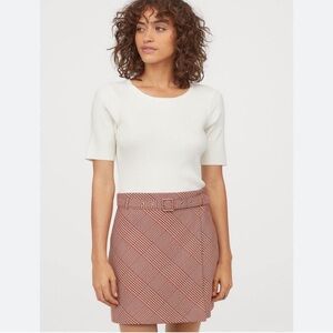 H&M Burgundy Glen Plaid Faux Wrap Belted Casual Retro Pencil Mini Skirt 6